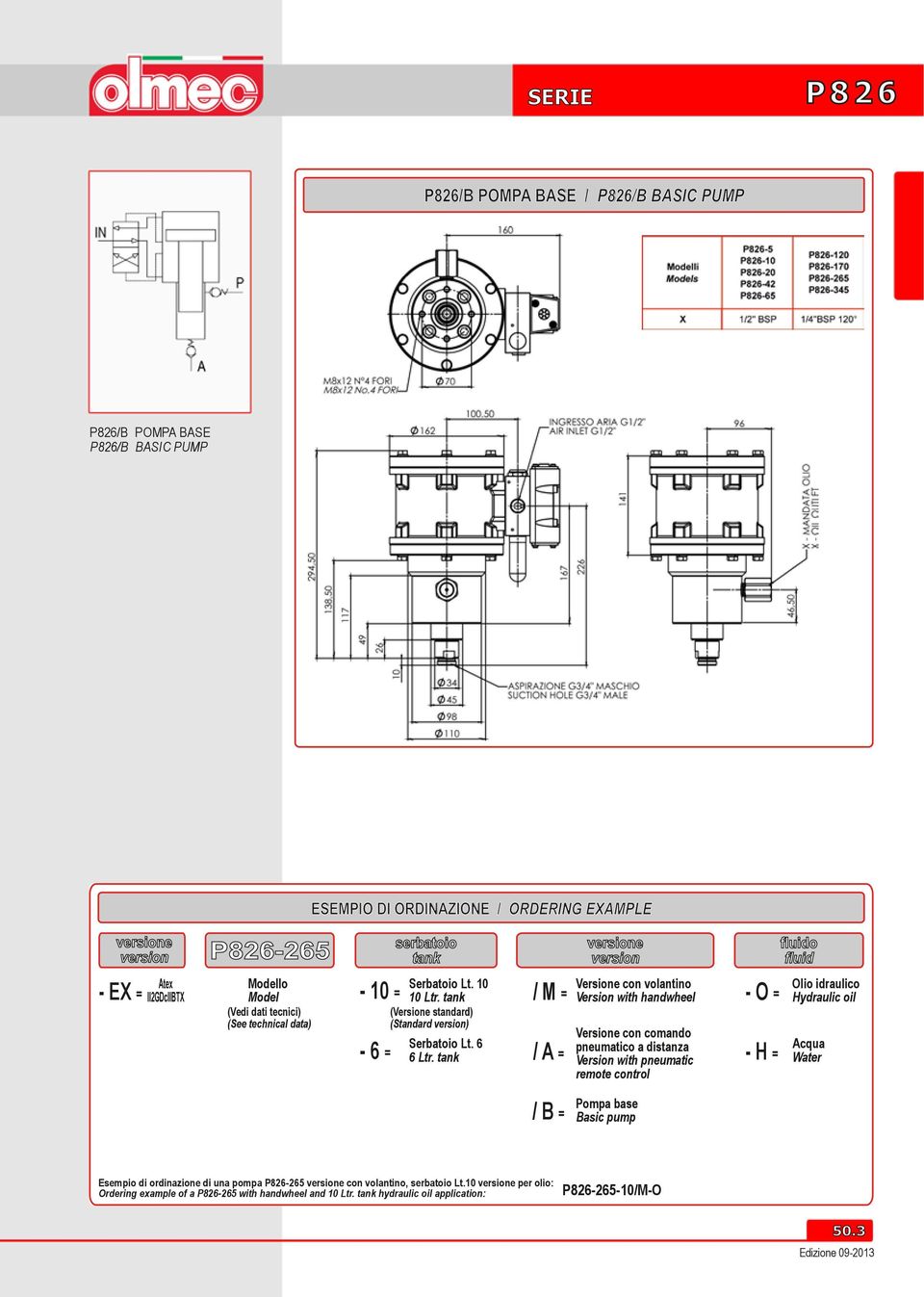 tank / M = / A = Versione con volantino Version with handwheel Versione con comando pneumatico a distanza Version with pneumatic remote control - O = - H = Olio idraulico Hydraulic oil Acqua Water