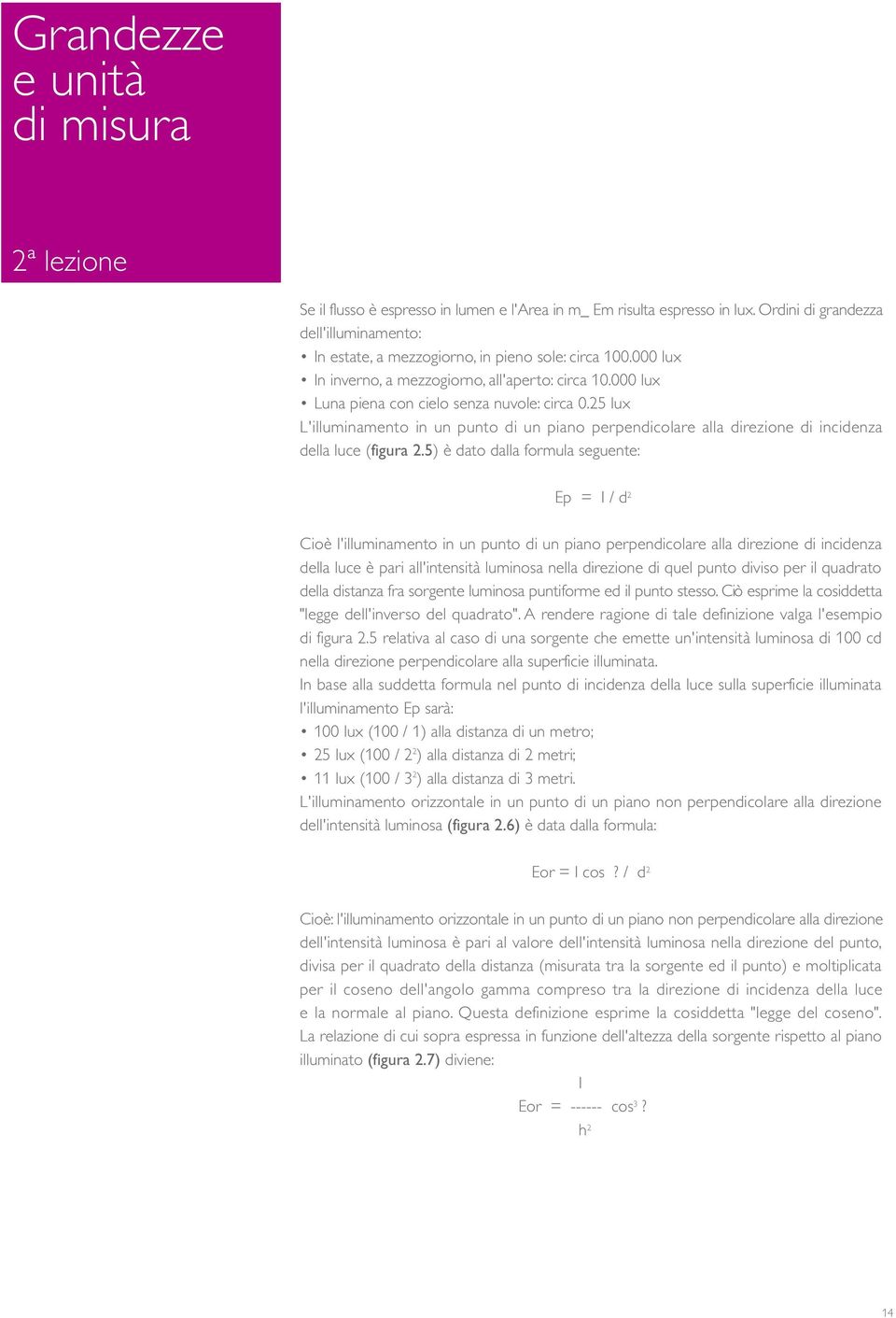 25 lux L'illuminamento in un punto di un piano perpendicolare alla direzione di incidenza della luce (figura 2.