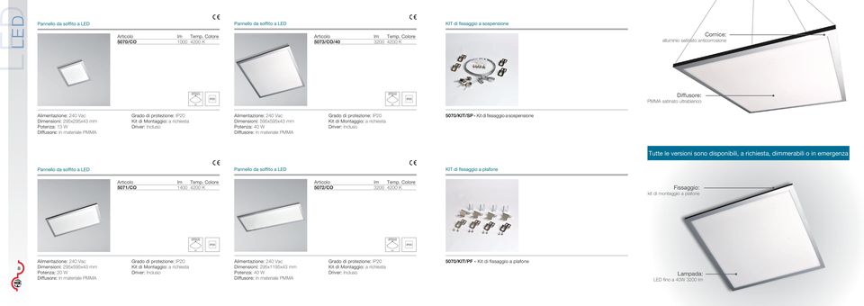 fissaggio a plafone Tutte le versioni sono disponibili, a richiesta, dimmerabili o in emergenza 5071/CO 1400 4200 K 5072/CO 3200 4200 K issaggio: kit di montaggio a plafone ANGOLO ANGOLO UNZIONE