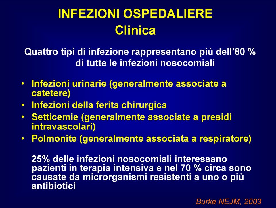 associate a presidi intravascolari) Polmonite (generalmente associata a respiratore) 25% delle infezioni nosocomiali