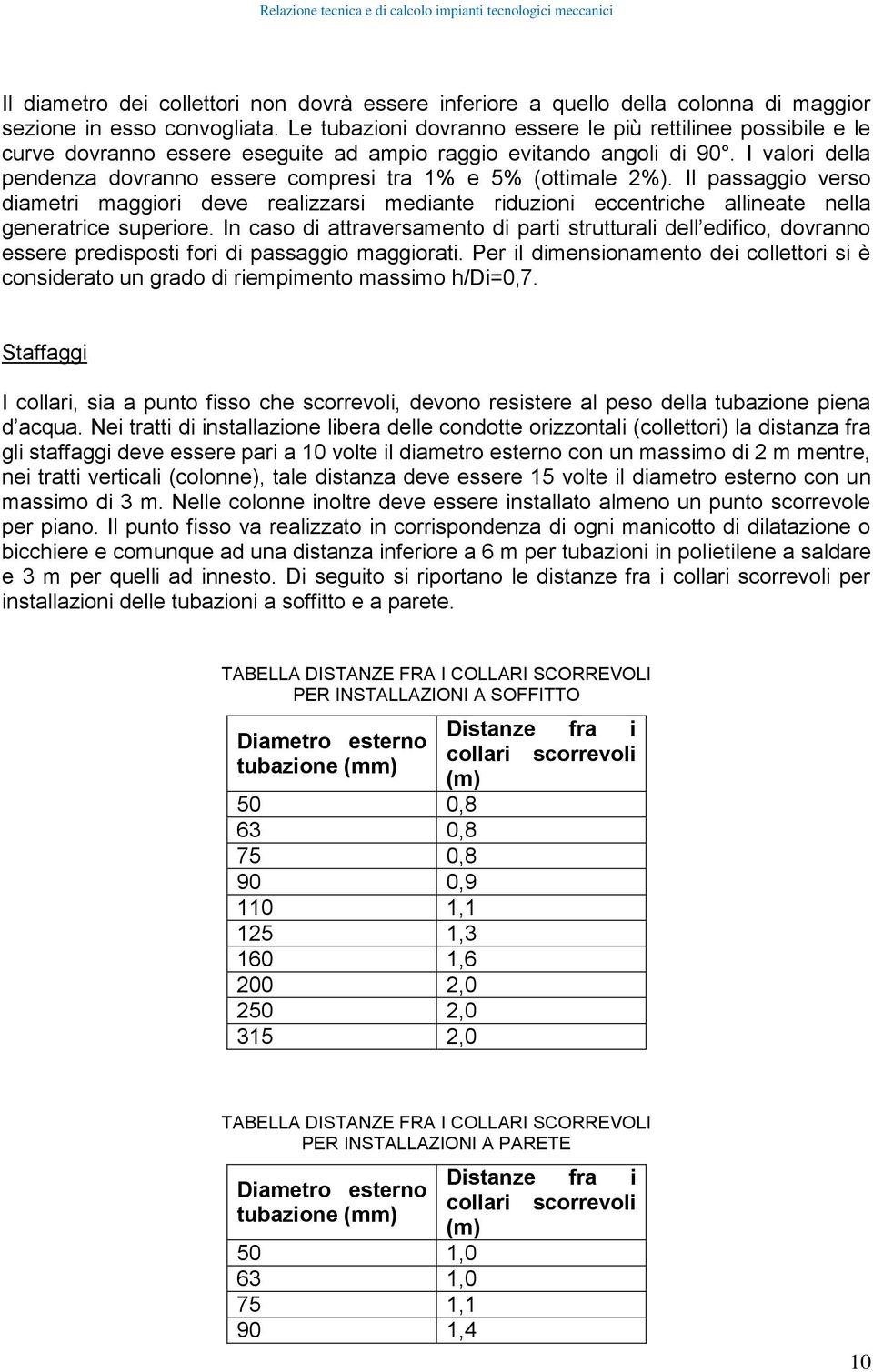 I valori della pendenza dovranno essere compresi tra 1% e 5% (ottimale 2%). Il passaggio verso diametri maggiori deve realizzarsi mediante riduzioni eccentriche allineate nella generatrice superiore.