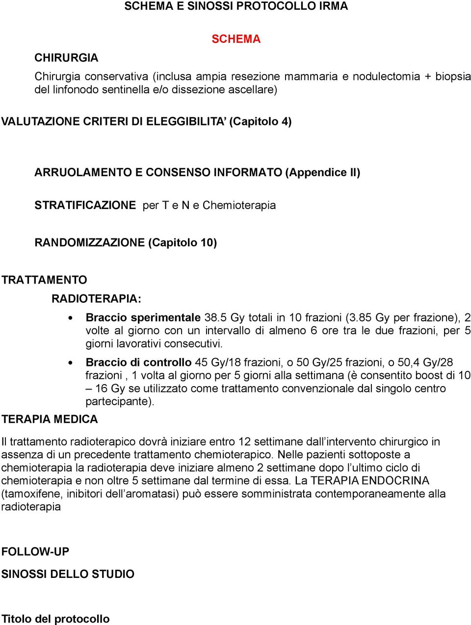 Braccio sperimentale 38.5 Gy totali in 10 frazioni (3.85 Gy per frazione), 2 volte al giorno con un intervallo di almeno 6 ore tra le due frazioni, per 5 giorni lavorativi consecutivi.