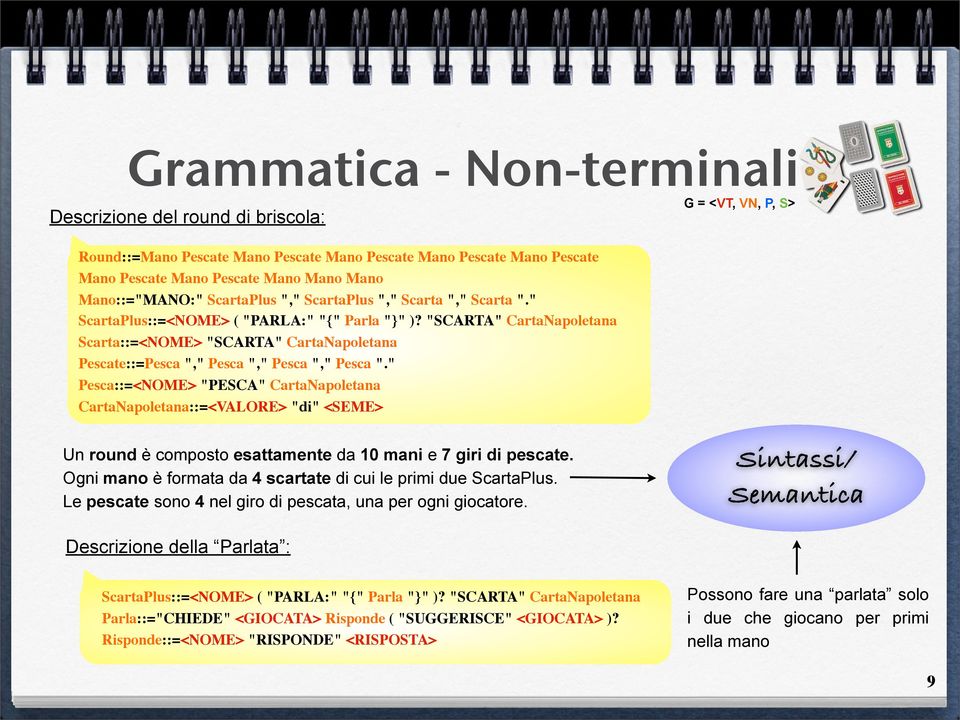 "SCARTA" CartaNapoletana Scarta::=<NOME> "SCARTA" CartaNapoletana Pescate::=Pesca "," Pesca "," Pesca "," Pesca ".