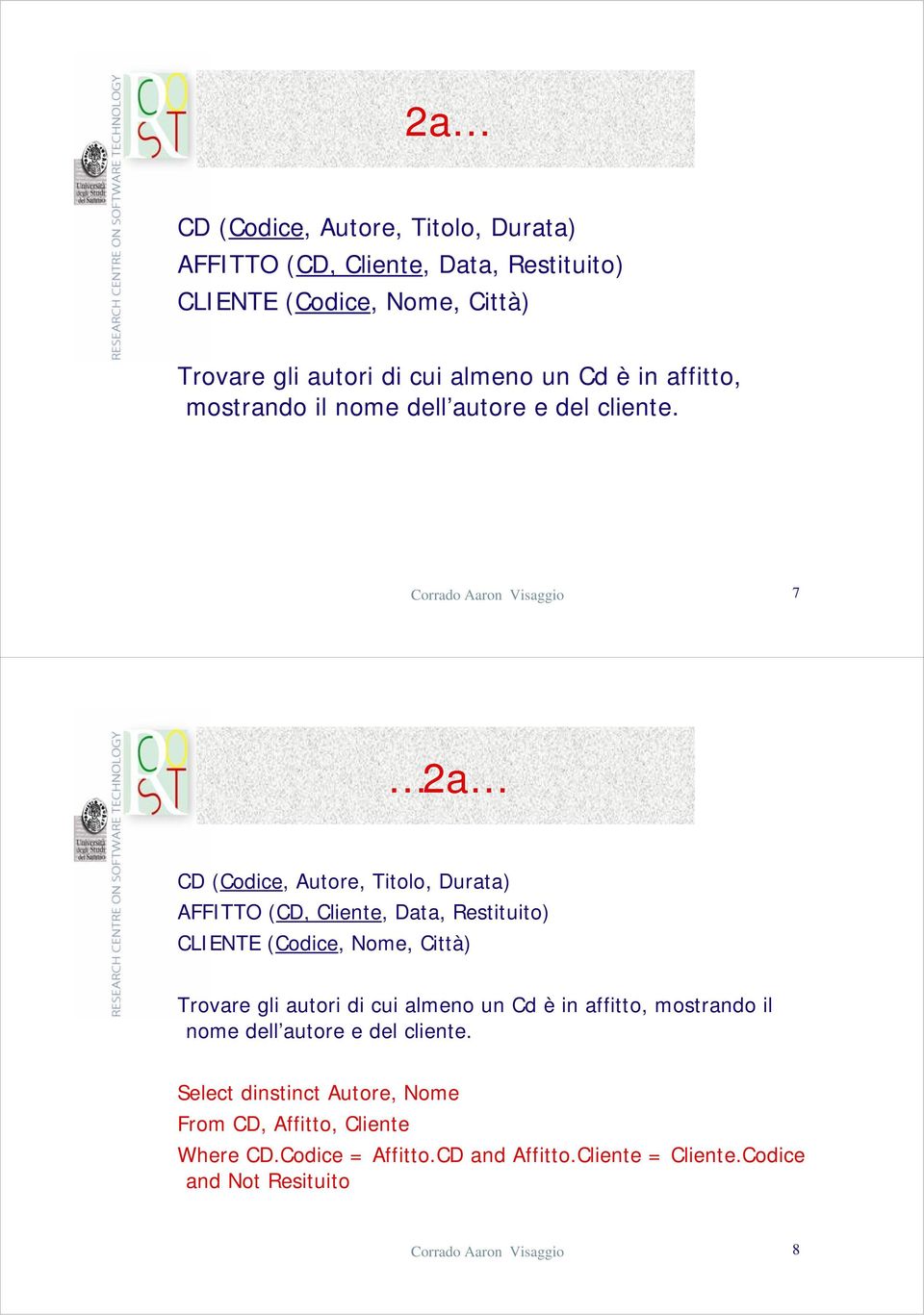 Corrado Aaron Visaggio 7 2a CD (Codice, Autore, Titolo, Durata) AFFITTO (CD, Cliente, Data, Restituito) CLIENTE (Codice, Nome, Città) Trovare gli