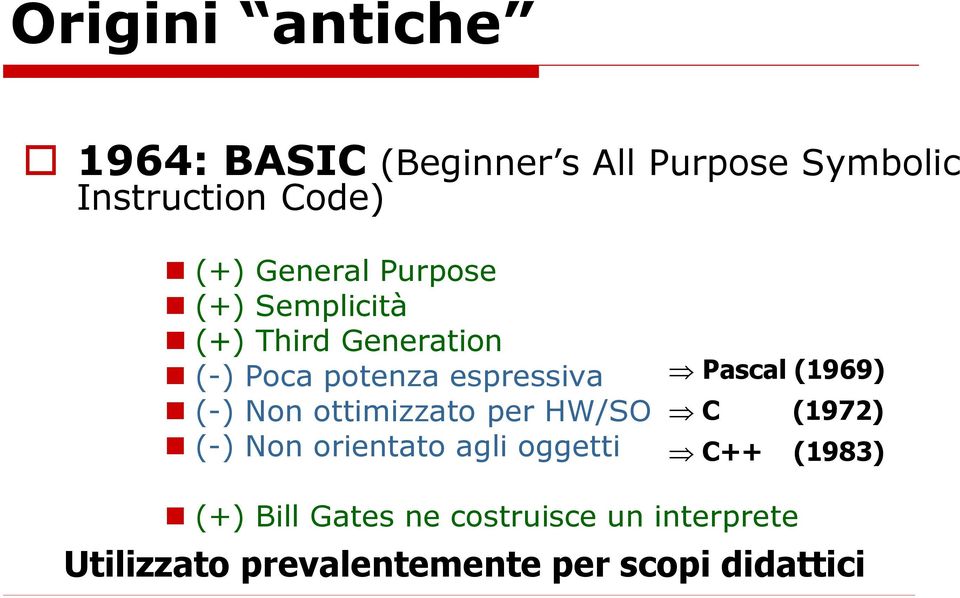 Non ottimizzato per HW/SO (-) Non orientato agli oggetti Pascal (1969) C (1972) C++