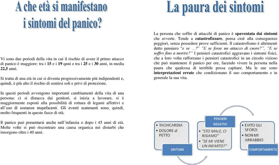 La persona che soffre di attacchi di panico è spaventata dai sintomi che avverte. Tende a catastrofizzare, pensa cioè alla conseguenze peggiori, senza possedere prove sufficienti.