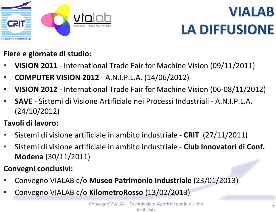 (24/10/2012) Tavoli di lavoro: Sistemi di visione artificiale in ambito industriale CRIT (27/11/2011) Sistemi di visione artificiale in ambito industriale