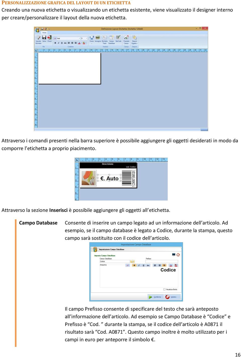 Attraverso la sezione Inserisci è possibile aggiungere gli oggetti all etichetta. Campo Database Consente di inserire un campo legato ad un informazione dell articolo.