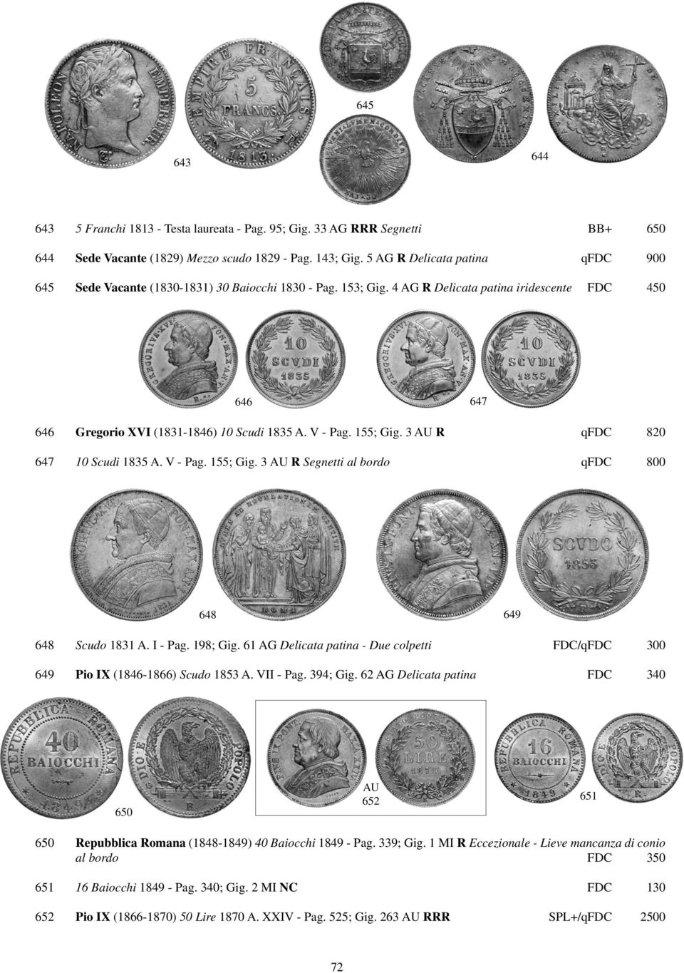 155; Gig. 3 R qfdc 820 647 10 Scudi 1835 A. V - Pag. 155; Gig. 3 R Segnetti al bordo qfdc 800 648 649 648 Scudo 1831 A. I - Pag. 198; Gig.