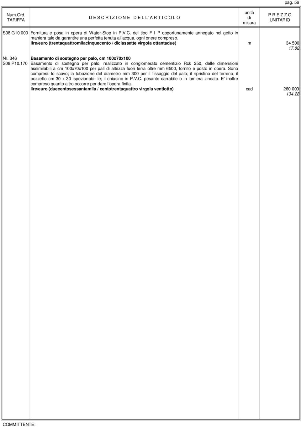 170 Basamento sostegno per palo, realizzato in conglomerato cementizio Rck 250, delle mensioni assimilabili a cm 100x70x100 per pali altezza fuori terra oltre mm 6500, fornito e posto in opera.