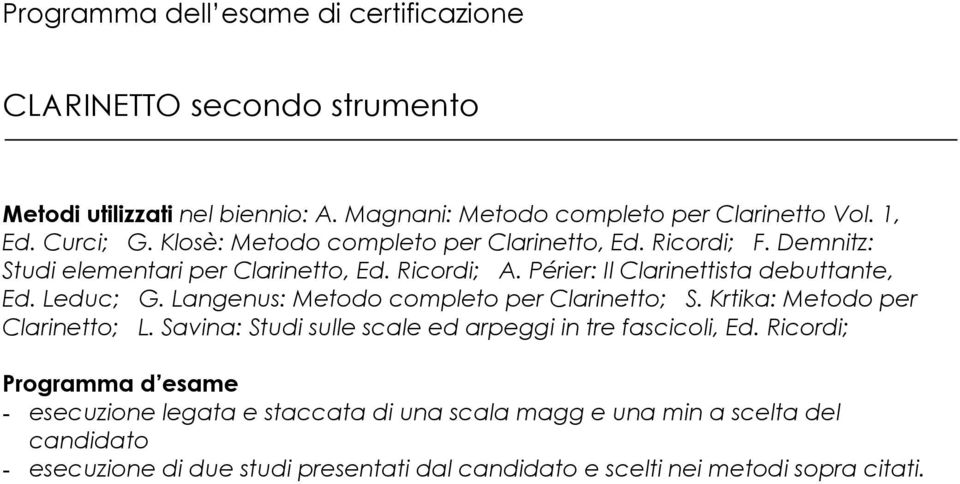 Langenus: Metodo completo per Clarinetto; S. Krtika: Metodo per Clarinetto; L. Savina: Studi sulle scale ed arpeggi in tre fascicoli, Ed.