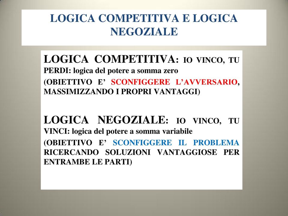 VANTAGGI) LOGICA NEGOZIALE: IO VINCO, TU VINCI: logica del potere a somma variabile