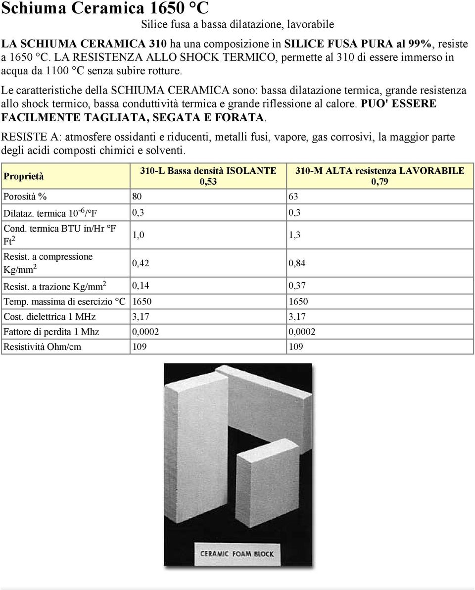 Le caratteristiche della SCHIUMA CERAMICA sono: bassa dilatazione termica, grande resistenza allo shock termico, bassa conduttività termica e grande riflessione al calore.