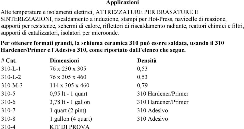 Per ottenere formati grandi, la schiuma ceramica 310 può essere saldata, usando il 310 Hardener/Primer e l'adesivo 310, come riportato daii'elenco che segue. # Cat.