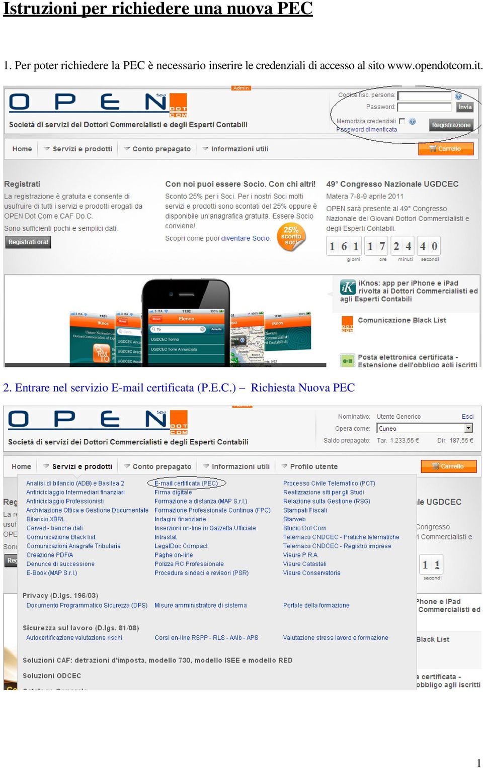 credenziali di accesso al sito www.opendotcom.it. 2.