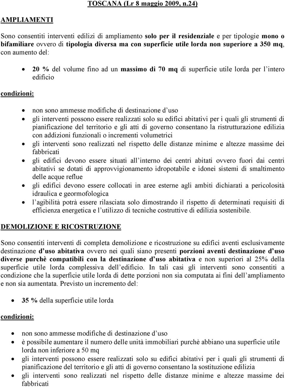 350 mq, con aumento del: 20 % del volume fino ad un massimo di 70 mq di superficie utile lorda per l intero edificio condizioni: non sono ammesse modifiche di destinazione d uso gli interventi