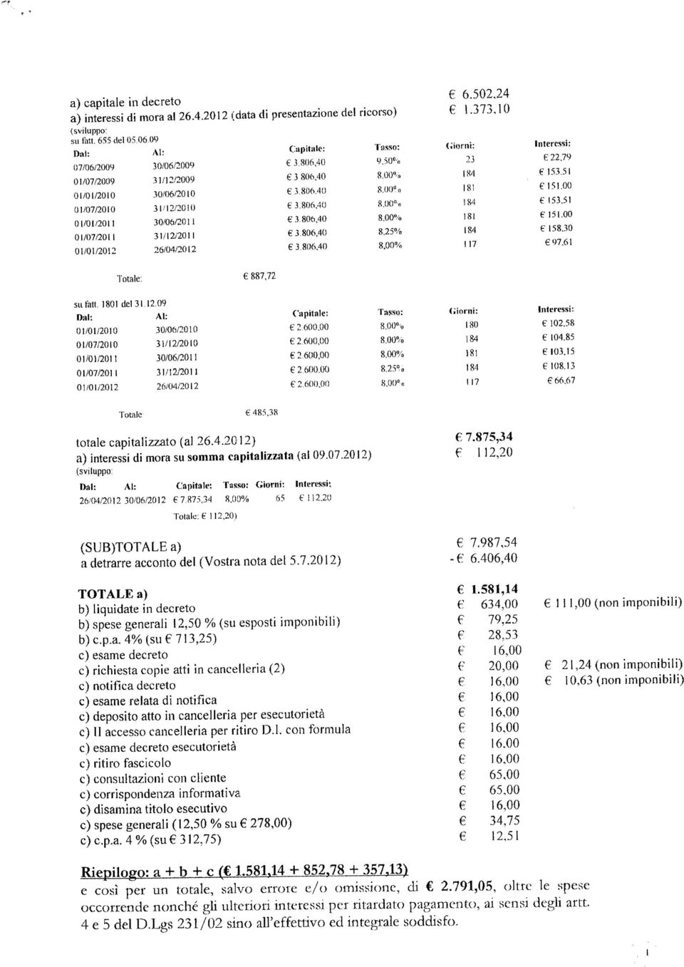00 c 18 6 5(00 3( 12/2009 3 806,40 8.00. (84 E 15351 AI (:apitale: Tasso: (;iorni; Interessi: E 1.373.10 01/07/20119 SII tali. 1801 dci 3112.
