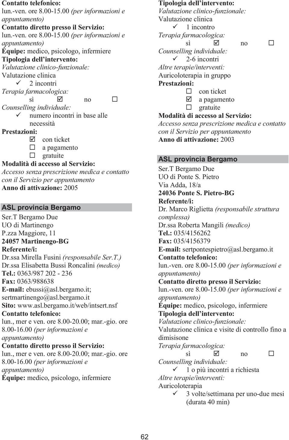 : 0363/987 202-236 Fax: 0363/988638 E-mail: ebussi@asl.bergamo.it; sertmartinengo@asl.bergamo.it Sito: www.asl.bergamo.it/web/intsert.nsf lun., mer e ven. ore 8.00-20.00; mar.-gio. ore 8.00-16.