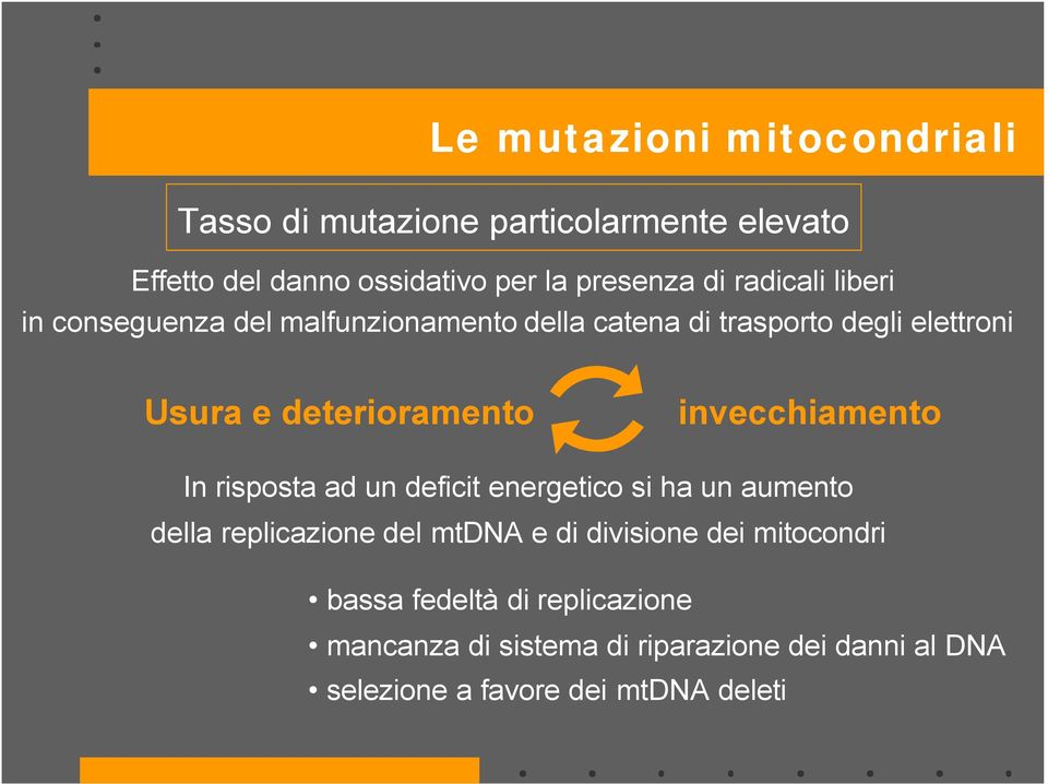 invecchiamento In risposta ad un deficit energetico si ha un aumento della replicazione del mtdna e di divisione dei