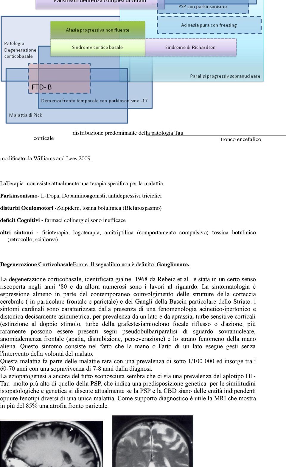 (Blefarospasmo) deficit Cognitivi - farmaci colinergici so inefficace altri sintomi - fisioterapia, logoterapia, amitriptilina (comportamento compulsivo) tossina botulinico (retrocollo, scialorea)