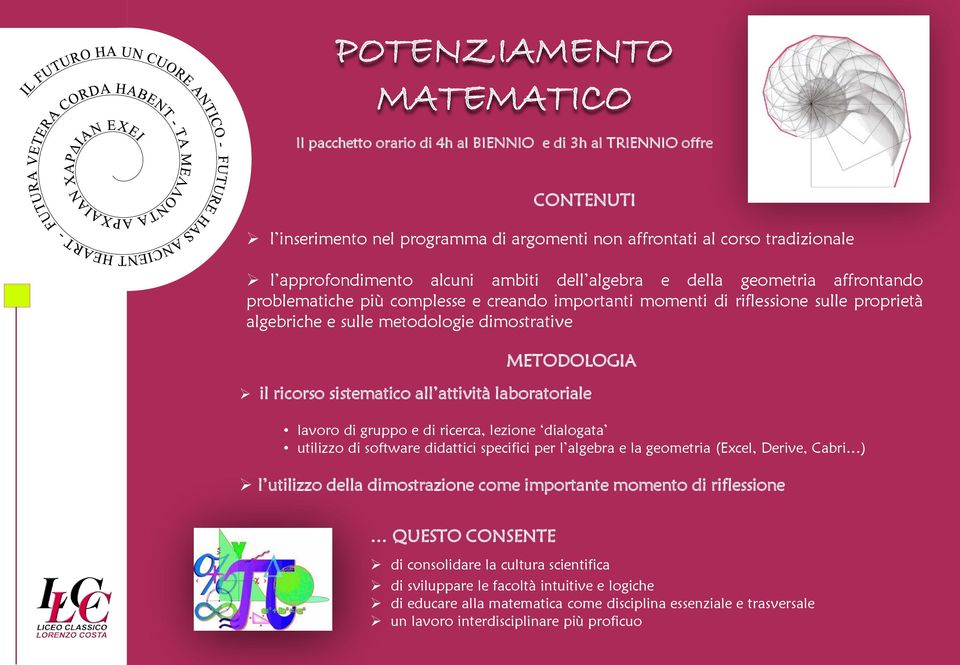 METODOLOGIA il ricorso sistematico all attività laboratoriale lavoro di gruppo e di ricerca, lezione dialogata utilizzo di software didattici specifici per l algebra e la geometria (Excel, Derive,