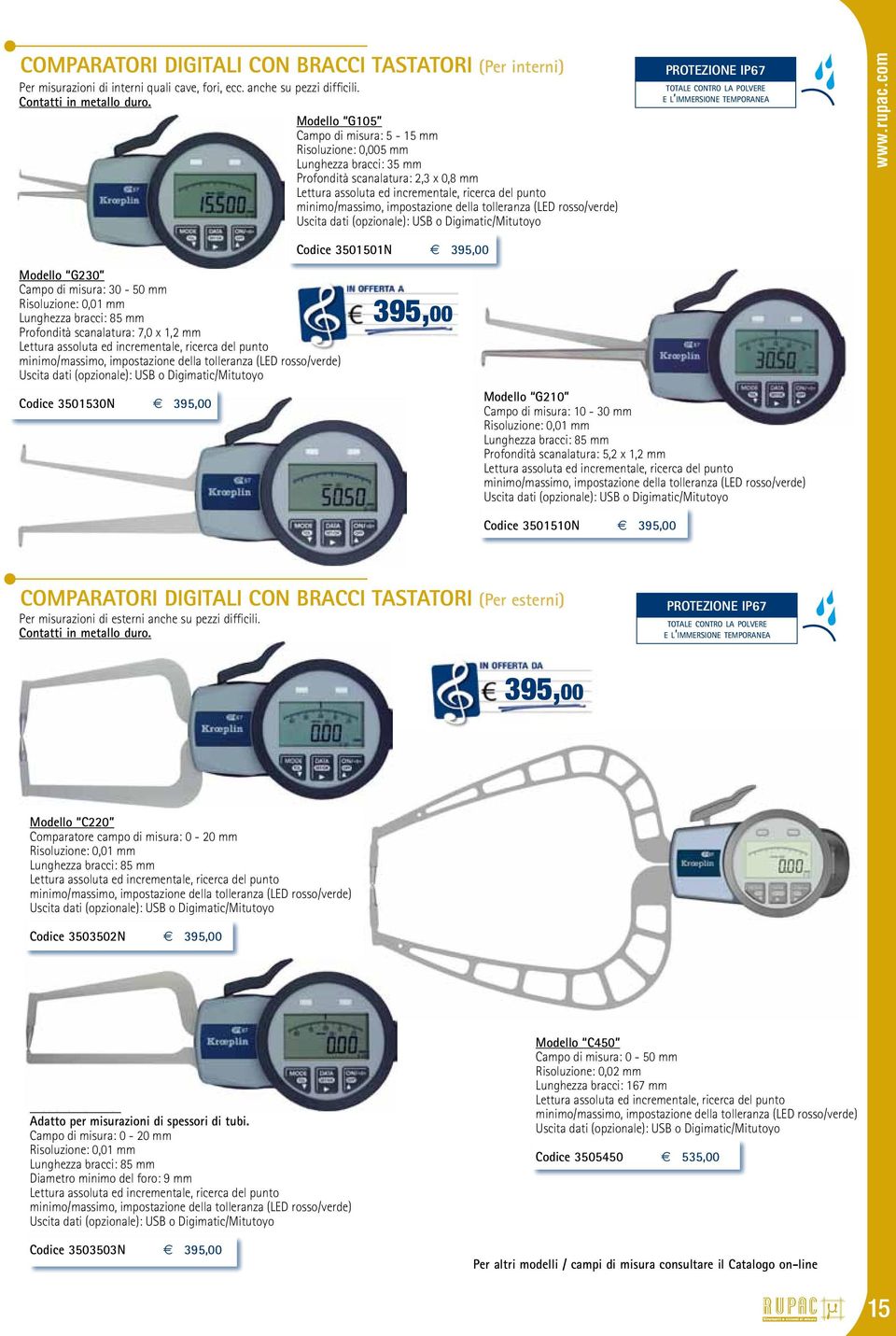 impostazione della tolleranza (LED rosso/verde) Uscita dati (opzionale): USB o Digimatic/Mitutoyo PROTEZIONE IP67 IP65 totale contro la polvere e l immersione temporanea Codice 3501501N 395,00