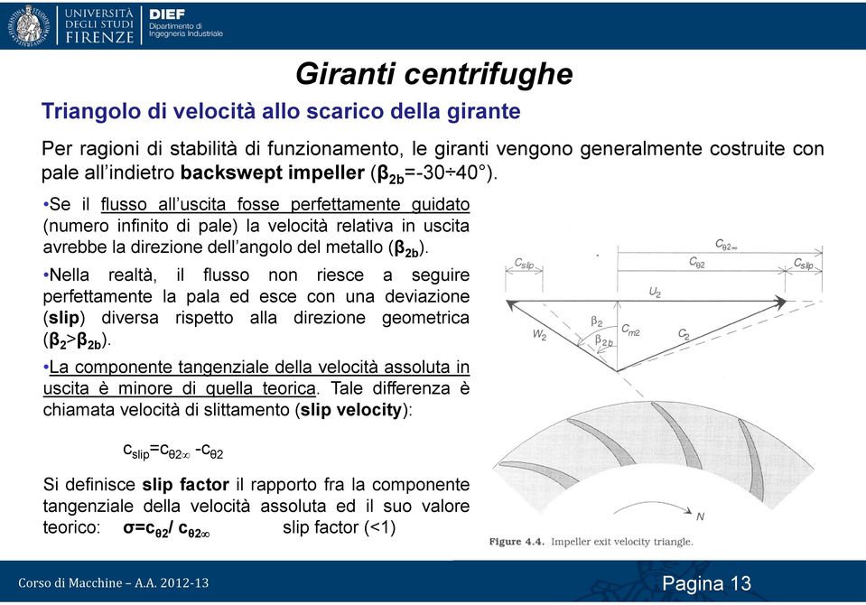 Nella realtà, il flusso non riese a seguire perfettamente la pala ed ese on una deviazione (slip) diversa rispetto alla direzione geometria (β >β b ).