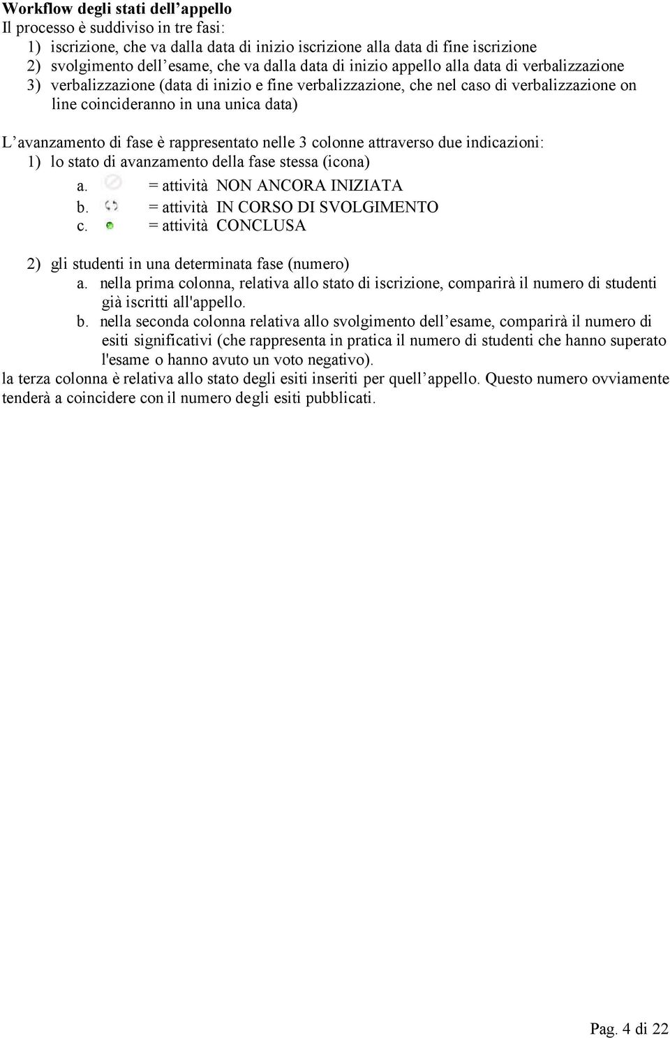 fase è rappresentato nelle 3 colonne attraverso due indicazioni: 1) lo stato di avanzamento della fase stessa (icona) a. = attività NON ANCORA INIZIATA b. = attività IN CORSO DI SVOLGIMENTO c.