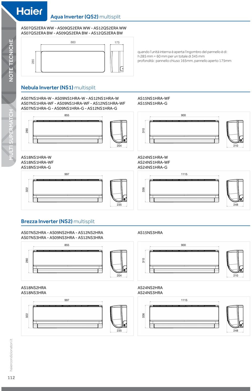 quando l è aperta l ingombro del pannello è di: h 285 mm + 60 mm per un totale di 345 mm profondità : pannello chiuso 165mm, pannello aperto 175mm AS15S1HRA-WF AS15S1HRA-G