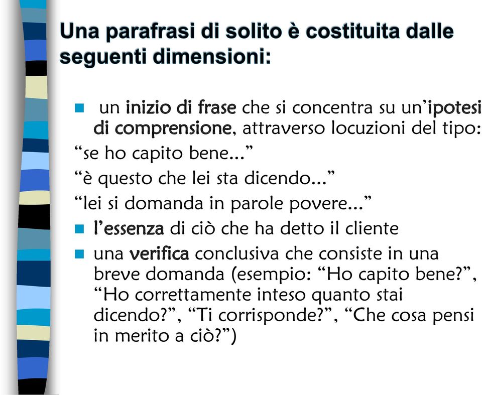 .. l essenza di ciò che ha detto il cliente una verifica conclusiva che consiste in una breve domanda