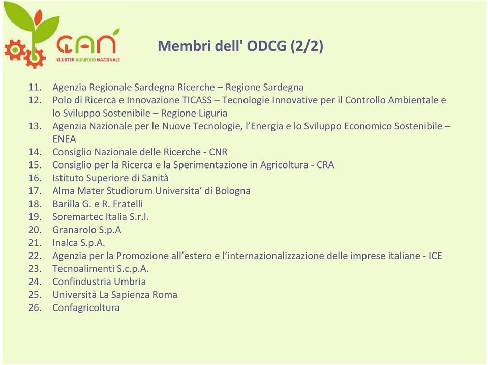 Agenzia Nazionale per le Nuove Tecnologie, l Energia e lo Sviluppo Economico Sostenibile ENEA 14. Consiglio Nazionale delle Ricerche - CNR 15.