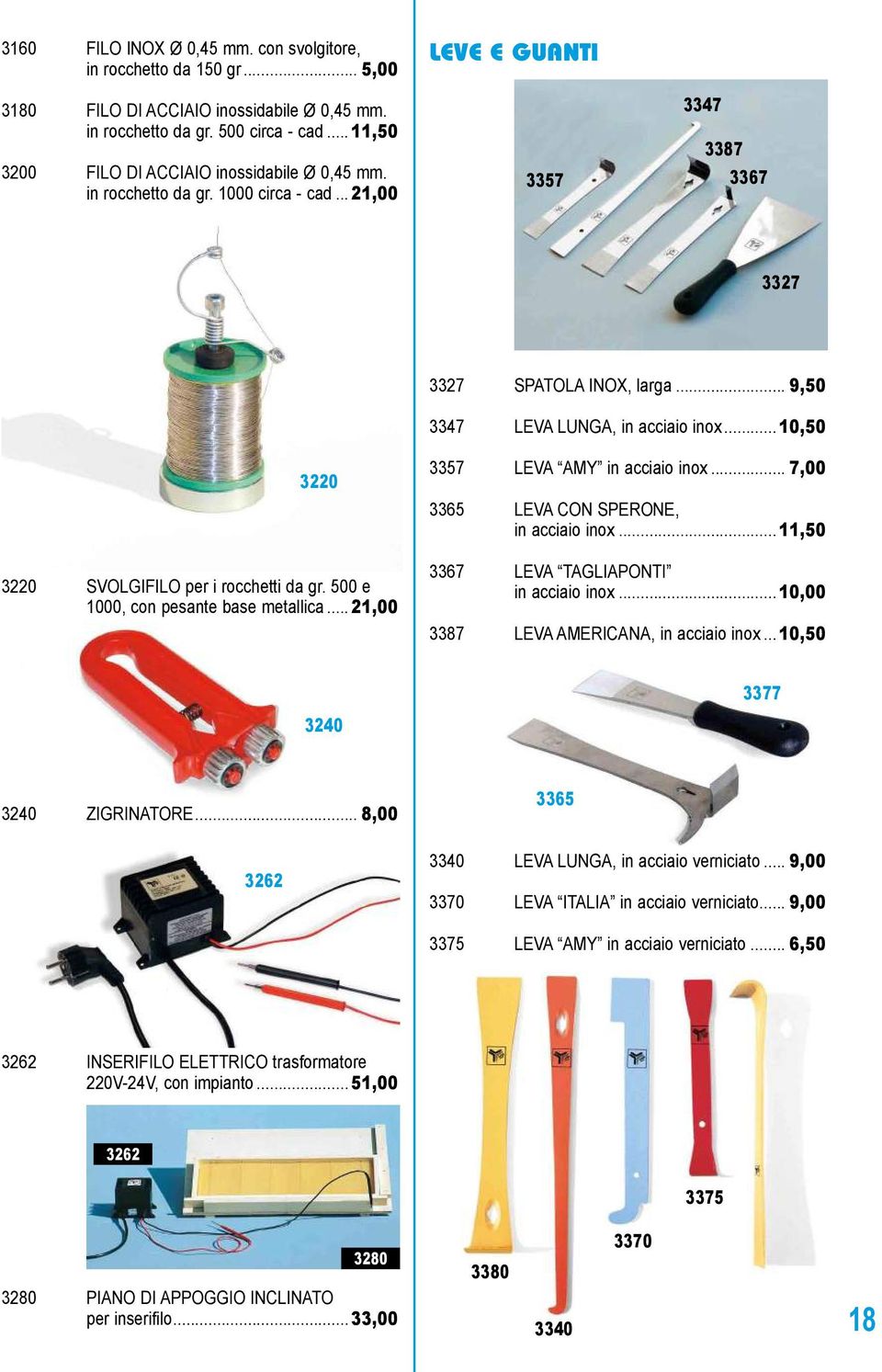 .. 9,50 3347 LEVA LUNGA, in acciaio inox... 10,50 3220 3220 SVOLGIFILO per i rocchetti da gr. 500 e 1000, con pesante base metallica... 21,00 3357 LEVA AMY in acciaio inox.