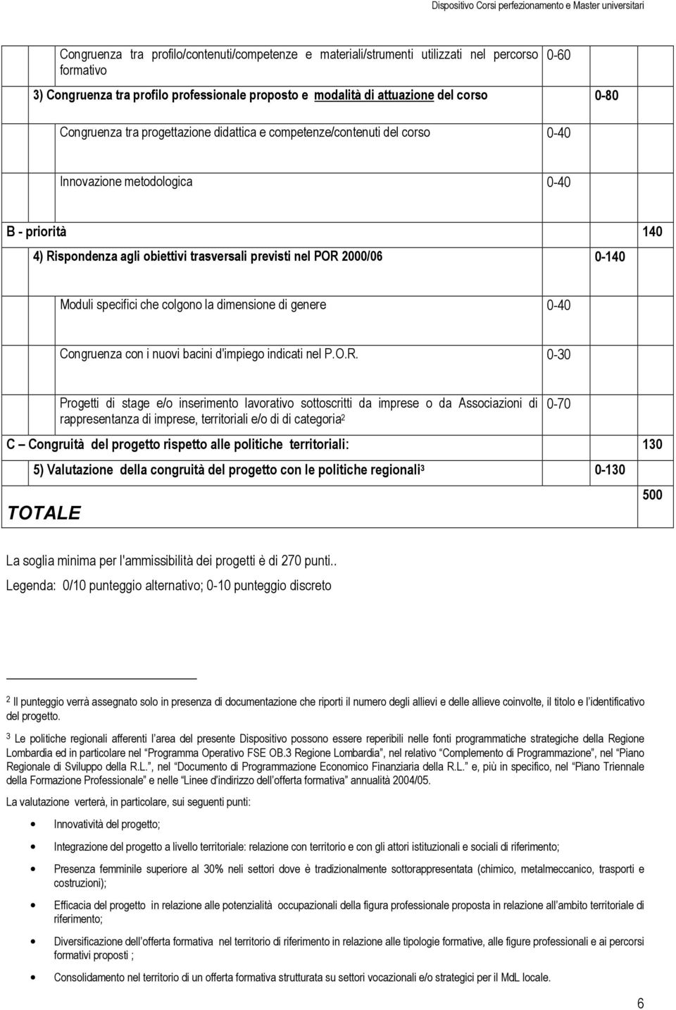 specifici che colgono la dimensione di genere 0-40 Congruenza con i nuovi bacini d'impiego indicati nel P.O.R.