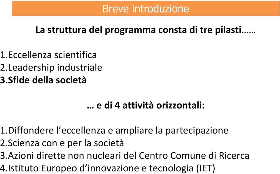 Sfide della società e di 4 attività orizzontali: 1.