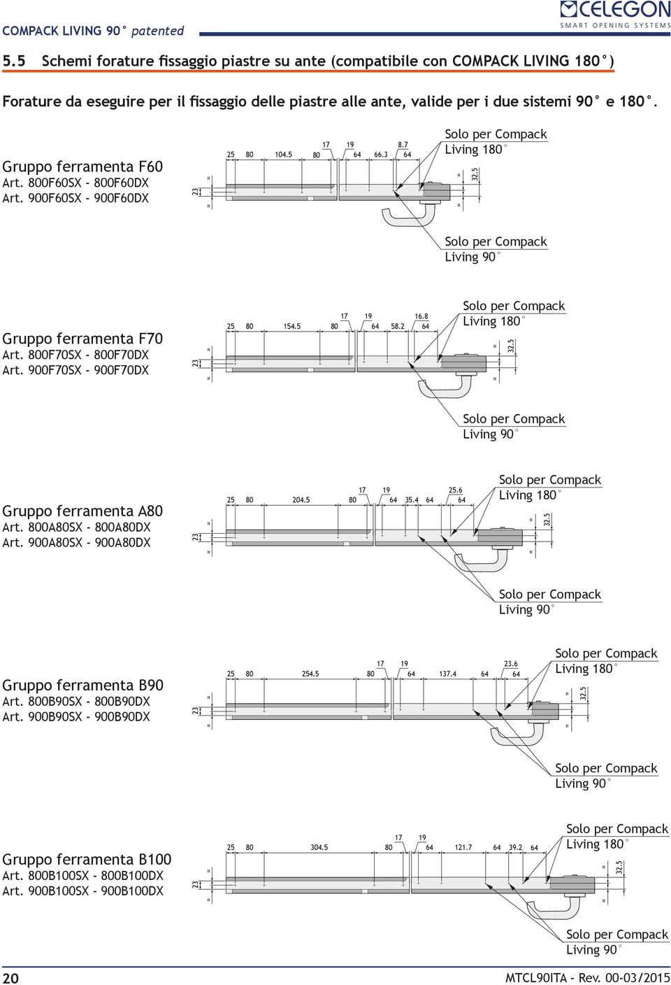 5 Solo per Compack Living 90 Gruppo ferramenta F70 Art. 800F70SX - 800F70DX Art. 900F70SX - 900F70DX 23 = = 25 80 154.5 80 17 19 16.8 64 58.2 64 Solo per Compack Living 180 = = 32.