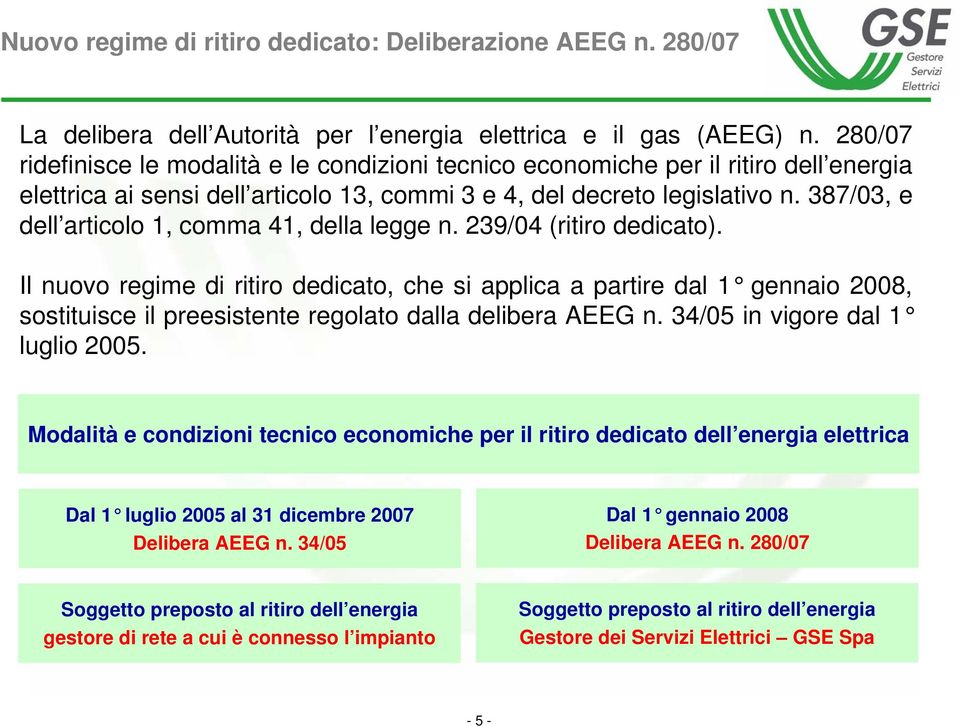 387/03, e dell articolo 1, comma 41, della legge n. 239/04 (ritiro dedicato).