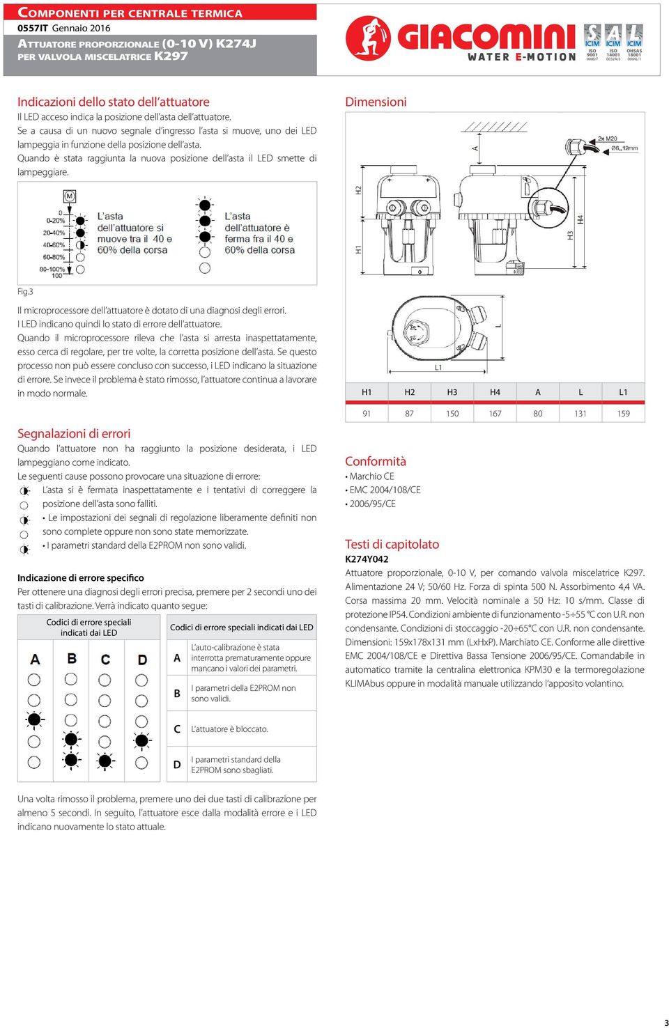 Quando è stata raggiunta la nuova posizione dell asta il LED smette di lampeggiare. Dimensioni Fig.3 Il microprocessore dell attuatore è dotato di una diagnosi degli errori.