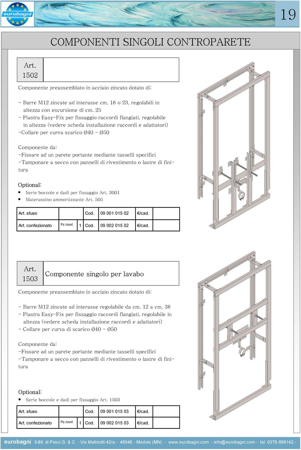 parete portante mediante tasselli specifici -Tamponare a secco con pannelli di rivestimento o lastre di finitura Optional: Serie boccole e dadi per fissaggio Art. 3001 Materassino ammortizzante Art.