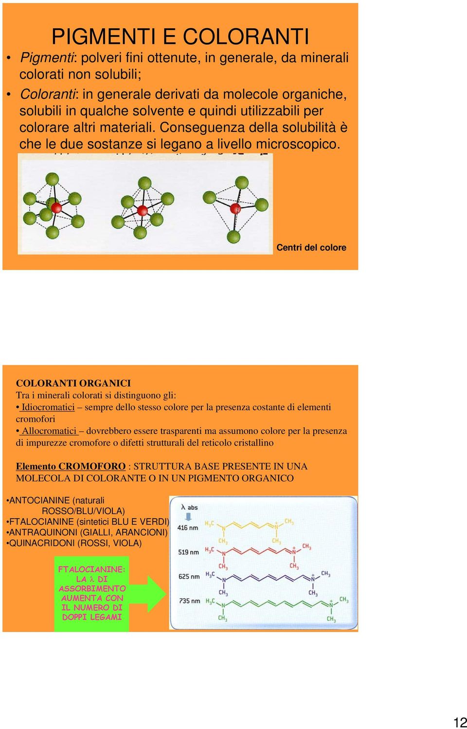 Centri del colore COLORANTI ORGANICI Tra i minerali colorati si distinguono gli: Idiocromatici sempre dello stesso colore per la presenza costante di elementi cromofori Allocromatici dovrebbero