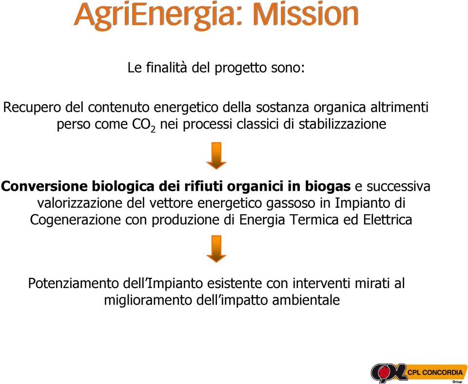 in biogas e successiva valorizzazione del vettore energetico gassoso in Impianto di Cogenerazione con produzione di