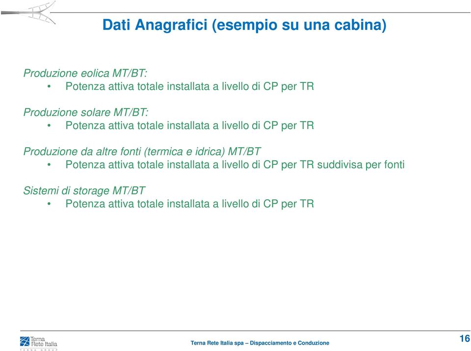 Produzione da altre fonti (termica e idrica) MT/BT Potenza attiva totale installata a livello di CP