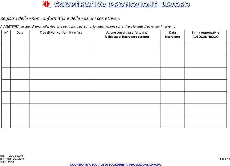 correttiva e la data di avvenuto intervento N Data Tipo di Non conformità e fase Azione