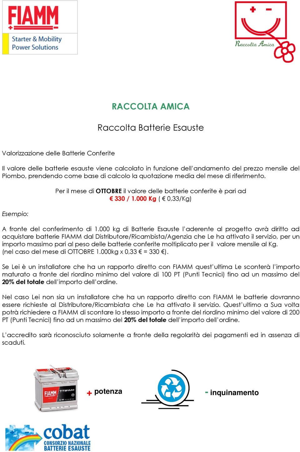 000 kg di Batterie Esauste l aderente al progetto avrà diritto ad acquistare batterie FIAMM dal Distributore/Ricambista/Agenzia che Le ha attivato il servizio, per un importo massimo pari al peso