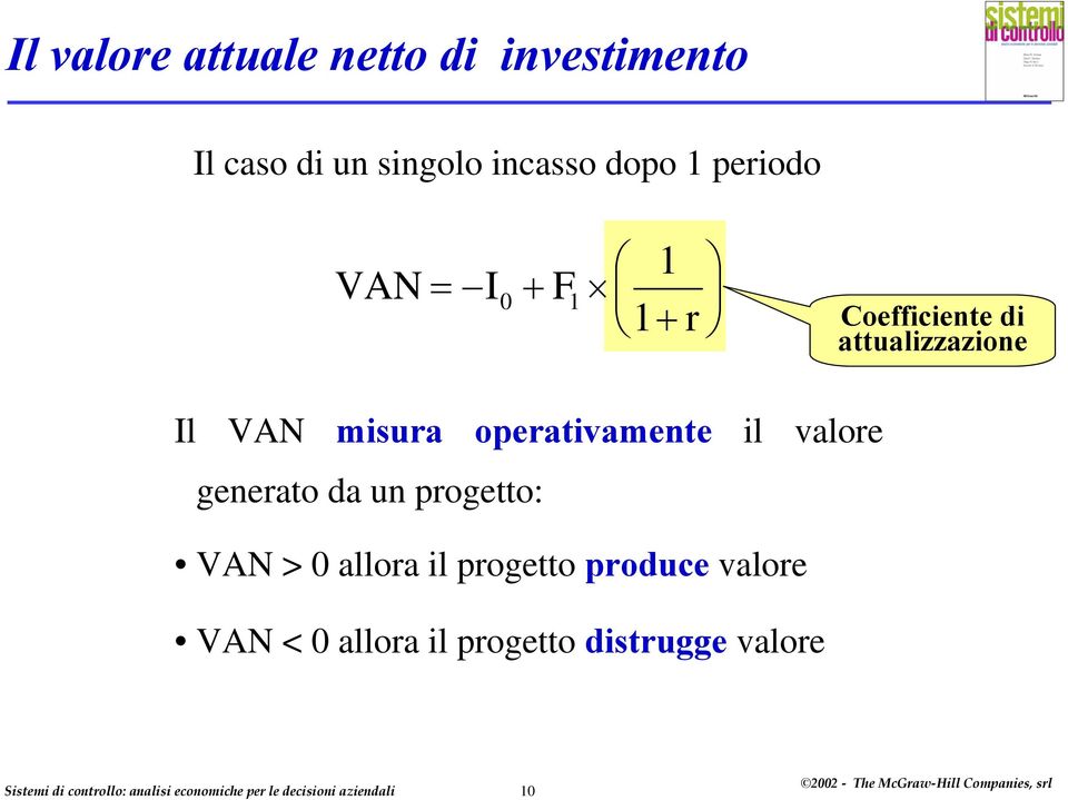 VAN misura operativamente il valore generato da un progetto: VAN > 0