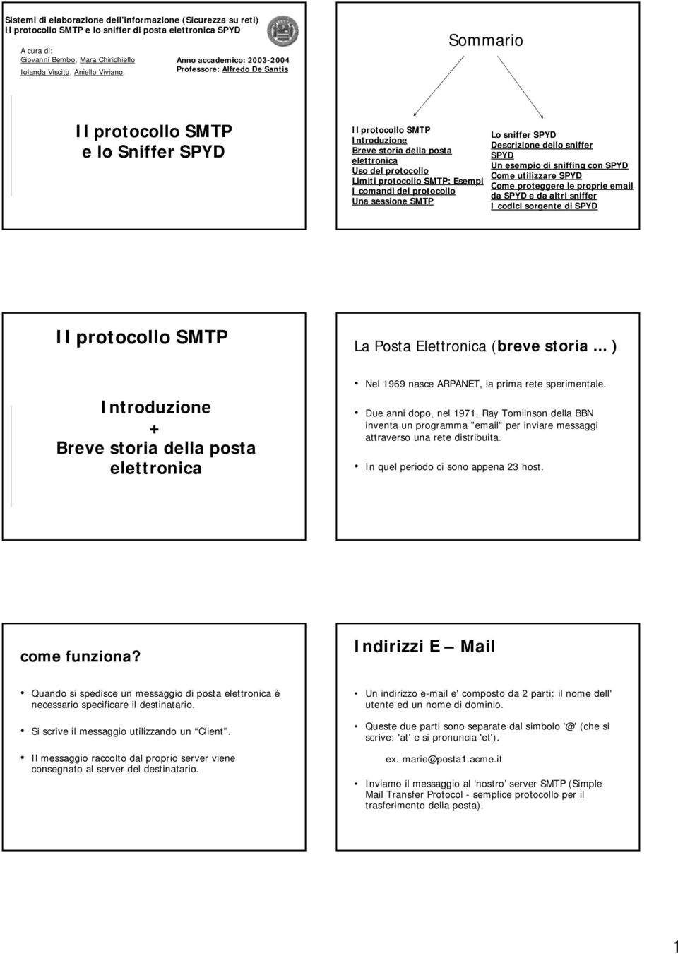 Professore: Alfredo De Santis Sommario Il protocollo e lo Sniffer SPYD Il protocollo Introduzione Breve storia della posta elettronica Uso del protocollo Limiti protocollo : Esempi I comandi del