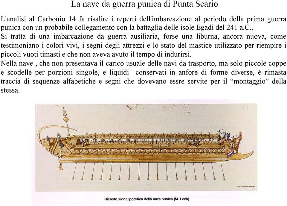 . Si tratta di una imbarcazione da guerra ausiliaria, forse una liburna, ancora nuova, come testimoniano i colori vivi, i segni degli attrezzi e lo stato del mastice utilizzato per riempire