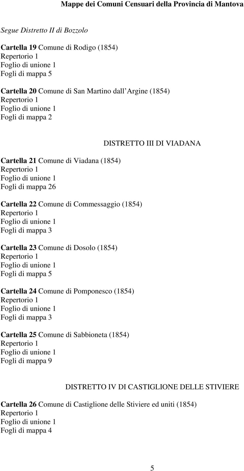 Comune di Dosolo (1854) Cartella 24 Comune di Pomponesco (1854) Cartella 25 Comune di Sabbioneta (1854) Fogli di mappa 9