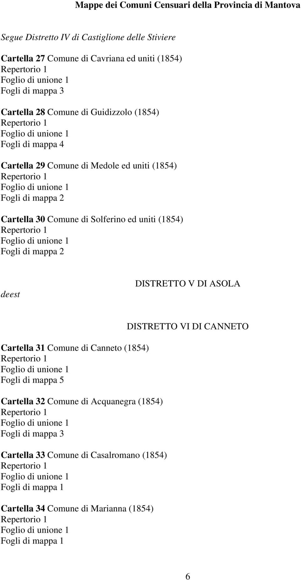 (1854) Fogli di mappa 2 deest DISTRETTO V DI ASOLA Cartella 31 Comune di Canneto (1854) Cartella 32 Comune di Acquanegra