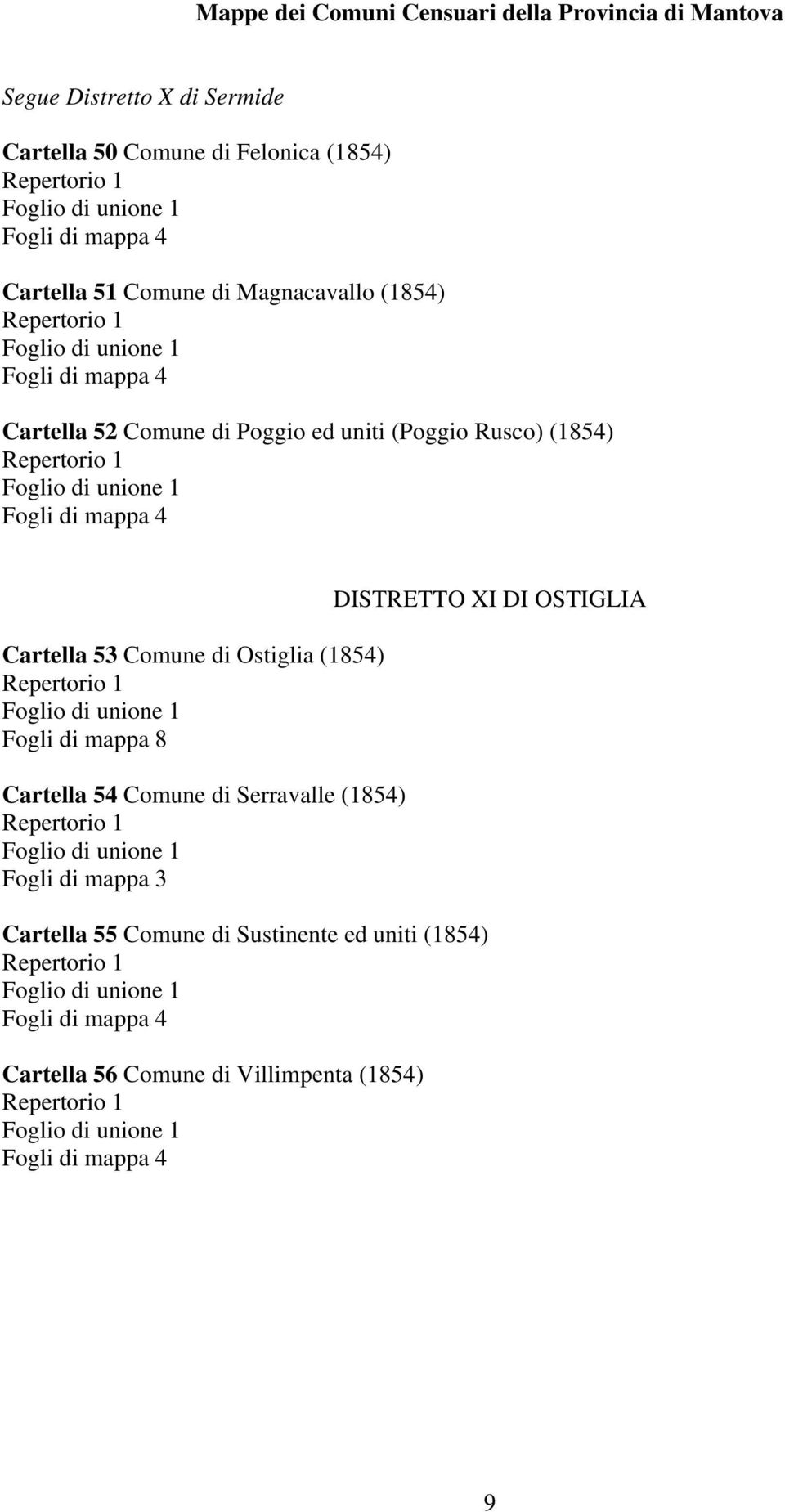Comune di Ostiglia (1854) Fogli di mappa 8 Cartella 54 Comune di Serravalle (1854) Cartella 55