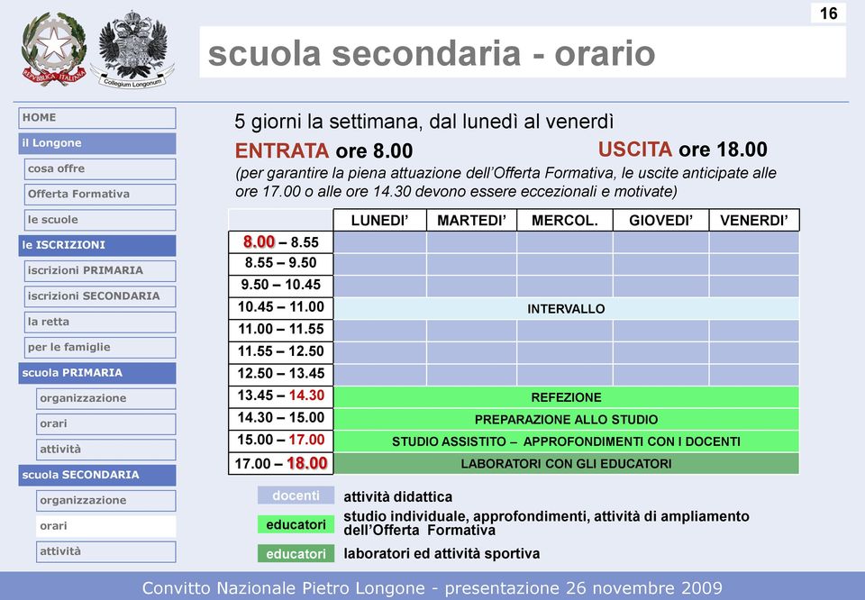 45 LUNEDI MARTEDI MERCOL. GIOVEDI VENERDI 10.45 11.00 INTERVALLO 11.00 11.55 11.55 12.50 12.50 13.45 13.45 14.30 REFEZIONE 14.30 15.00 PREPARAZIONE ALLO STUDIO 15.00 17.